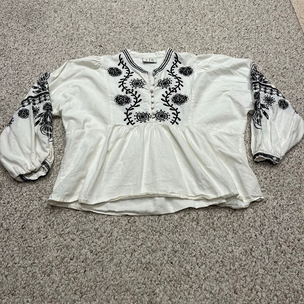 Joie Embroidered Puff Sleeve Blouse Peplum XL White Black Peasant Boho Hippie